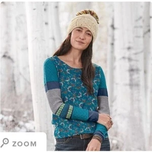 SUNDANCE Sharrar Thermal Top Petite M Knit Arms Paisley Blouse Blue Gray Sweater - Picture 1 of 12