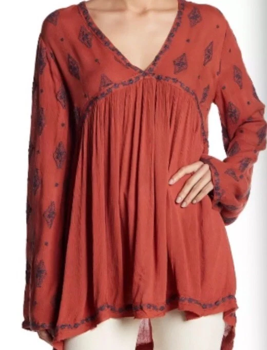 People Szs Diamond Embroidered Long Sleeve Top Tunic Red