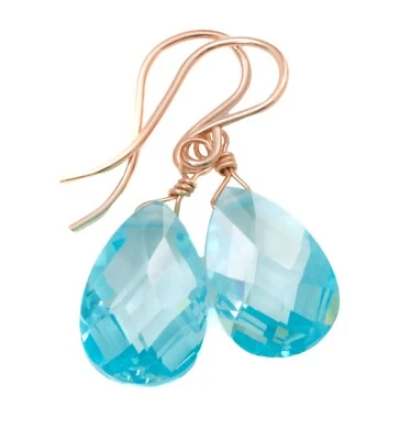 14k Gold Cubic Zirconia Earrings Simulated Aquamarine CZ Sterling Dangle Drop - Image 1 of 4