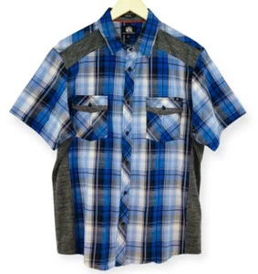 Rock & Republic Button Up Shirt Men's XL Stretch Blue Plaid Heather Gray Insets - Picture 1 of 18
