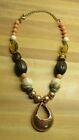 SIGNED CHICO 21" UNUSUAL white brown pink gold tone chunky bead pendant Necklace