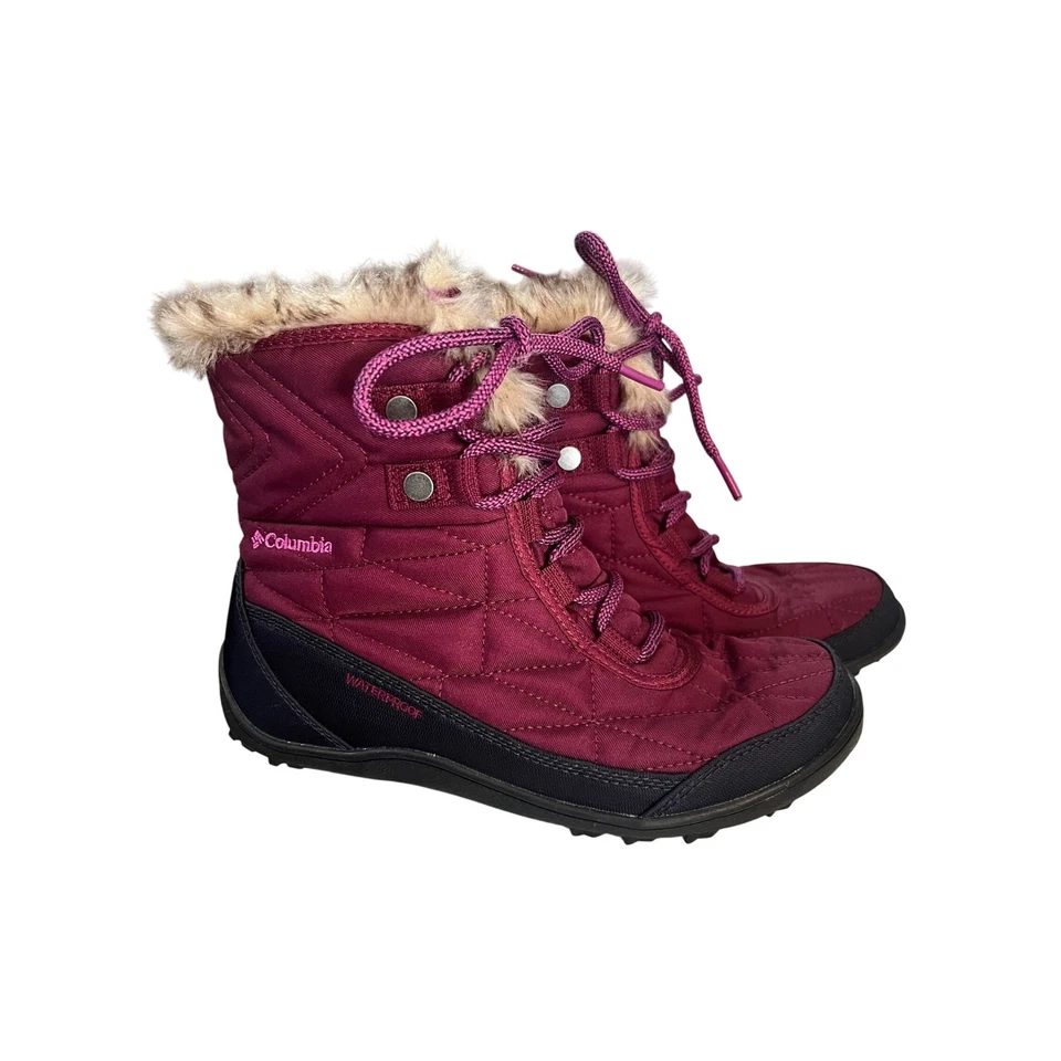 Columbia 防水冬季雪地靴勃艮第人造毛皮衬里儿童 6 码 — 第 1/4 张图片