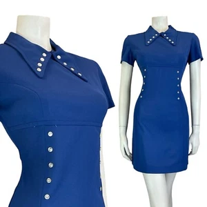 VTG 60S NAVY BLUE WHITE BUTTON DAGGER COLLAR SHORT SLEEVE MINI DRESS SIZE 10 - Picture 1 of 7
