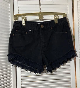 Free People Womens Shorts Black Denim Lace Trim Jean Shorts Sz 26 Pockets - Picture 1 of 12