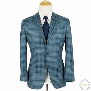 NWOT Kiton Blue Green Cashmere Silk Check Plaid Static Handmade 3/2 Jacket 38R - Picture 1 of 12