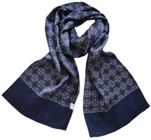 Men's 100 Pure Silk Scarf Cravat Double Layer Print Neckerchief Brown Blue - Picture 1 of 5