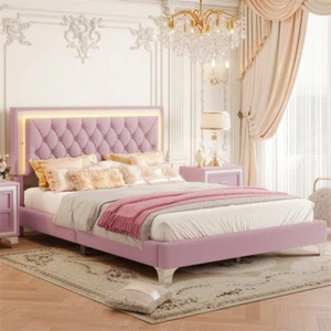 Queen Velvet Upholstered Platform Bed Frame w/Tufted Headboard & LED Lights,Pink - Picture 1 of 10