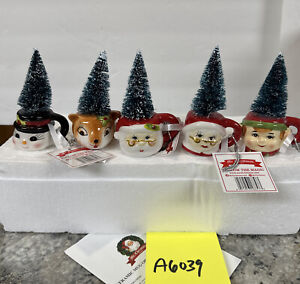 5 RARE Mr Christmas Mini Mug Tree Ornaments Elf Santa Mrs Claus Reindeer Snowman