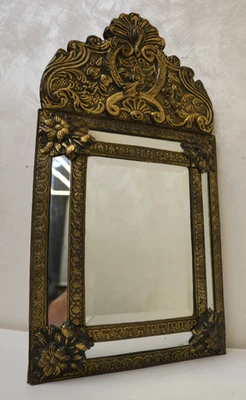 Antique French Bridal bevelled Mirror Embossed Brass on Wood | Original Patina - Image 1 of 4