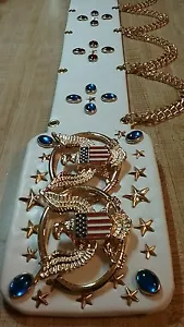 ELVIS STYLE WHITE JUMPSUIT BELT w/ BLUE DOUBLE AMERICAN EAGLE BUCKLE. - Picture 1 of 3
