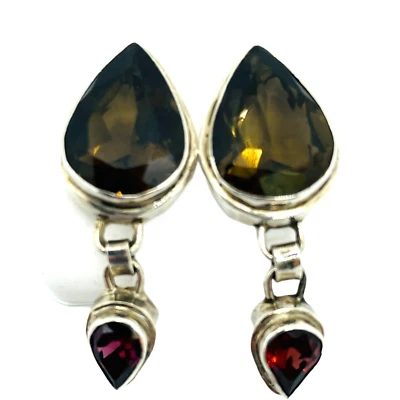 Pendientes de topacio ahumado y granate genuino de plata de ley 925 maciza Foto 1 de 4