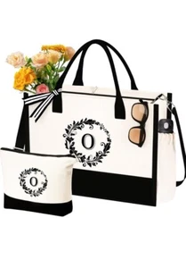 Canvas Tote Bag w Matching Makeup Bag Monogram Initial Letter O Beach Bag - Picture 1 of 4