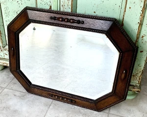 Antique ENGLISH 25" x 19" Octagonal Oak BEVELED MIRROR Beaded Accents - Picture 1 of 3