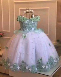 Green Flower Girl Dress Tulle Short Sleeve Pearl Princess Kid Birthday Ball Gown - Picture 1 of 25