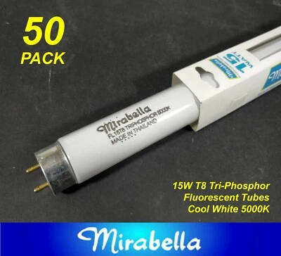 50 x 15W T8 Fluorescent Tubes Lamps 5000K Cool White 450mm 1.5 foot Mirabella - Image 1 of 2