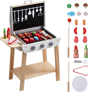 Wooden Play Barbecue Toy Grill, Kids Grill Playset with Play Food and Grilling T - Picture 1 of 12