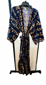 SMITHSONIAN Institution Blue Gold Belted Asian Print Robe Kimono Caftan Sz L - Picture 1 of 10