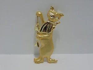 Vintage Cat Dangling A Fish Brooch Pin Gold Tone With Silver Tone Accents - Picture 1 of 5