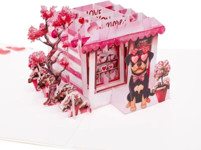 3D Pop Up Dog Greeting Card, I Love you More, HandCrafted, 6" X 8", Pink - Image 1 of 4