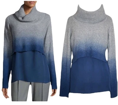 ELIE TAHARI L 毛衣 Popover 灰色蓝色渐变羊绒丝绸现代主义漏斗 — 第 1/4 张图片