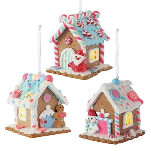 3Pcs Pastel Gingerbread House Ornaments - Candy Clay House with Led Light Han... - Bild 1 von 7