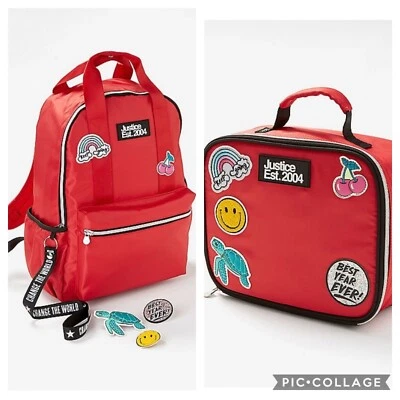 Justice Red Patch Backpack & Lunchbox With Turtle, Rainbow, Cherries - NWT