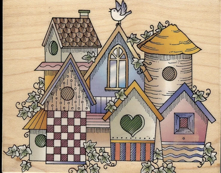 Birdhouse Village Rubber Stamp Hero Arts H1153 Birds Ivy