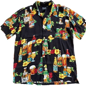 KAD Hawaiian Shirt Mens Large Beer Black Short Sleeve Soft Rayon Bright Tropical - Picture 1 of 8