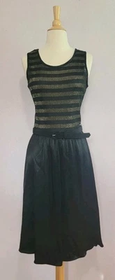 Vintage 80s Nina Picolino Metalic Gold Black Disco Stripe Tank Dress S - Image 1 of 4
