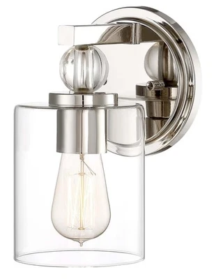 Luz de baño tocador Minka Lavery, 1 luz, acabado níquel pulido con vidrio transparente Foto 1 de 4