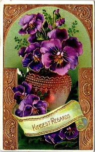 Purple Pansies Vase gold paisleys Kindest Regards Gel art nouveau Postcard - Picture 1 of 2