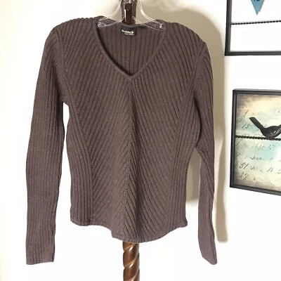 Suéter pulôver feminino Guide Series marrom manga longa gola V com nervuras tamanho XL - Imagem 1 de 4
