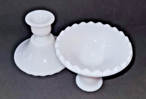 Vintage Milk Glass Taper Candle Holders, Set Of 2, pie crust - Picture 1 of 5