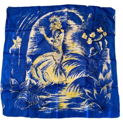 Vintage Pure Silk Scarf Carmen Miranda Dancing Woman Fruit Blue Yellow Rolled - Image 1 of 4