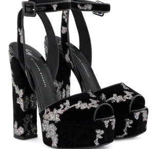 New BOX GIUSEPPE ZANOTTI BETTY SANDAL SHOES BLACK VELVET GLITTER PLATFORM 38 7.5 - Picture 1 of 7