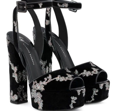 Nuevo CAJA GIUSEPPE ZANOTTI BETTY SANDALIA ZAPATOS NEGRO TERCIOPELO BRILLO PLATAFORMA 38 7.5 Foto 1 de 4