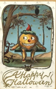 Vtg Halloween Postcard Anthropomorphic Pumpkin Man Swing Cat Glitter Embossed - Picture 1 of 3