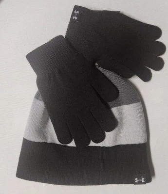 Conjunto de gorro y guantes Under Armour para niños - Combo de invierno negro y gris tejido suave Co Foto 1 de 2