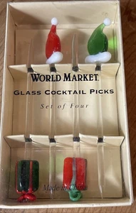 World Market Holiday Glass Cocktail 4” Picks Set Of 4 Presents & Santa Elf Hats - Picture 1 of 15