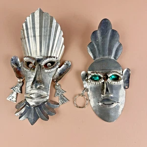 2 Handcrafted Tin 10" Folk Art Silver Masks Green Eyes Earrings Wall Decor - Picture 1 of 14