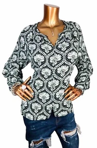 WHBM M Top Floral Leaves Print Button Up Blouse Stretch Crew Neck Shirt Long Sl - Bild 1 von 12