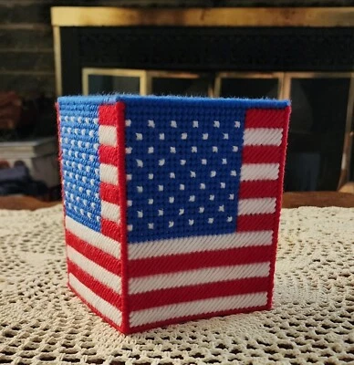 Made to Order.  American Flag Plastic Canvas Tissue Box Cover / Fourth of July  - Image 1 of 4