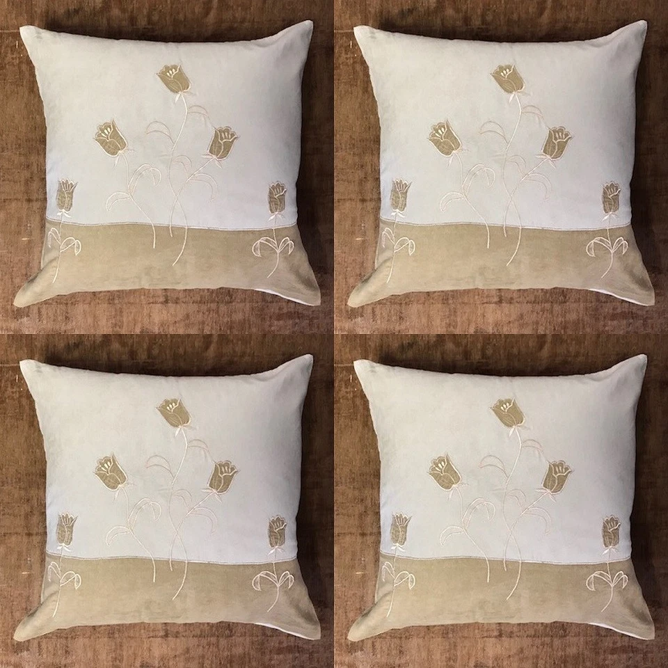 4x Embroidered Flower Faux Suede Cushion Covers Cream Beige Latte + Fillers - Image 1 of 1