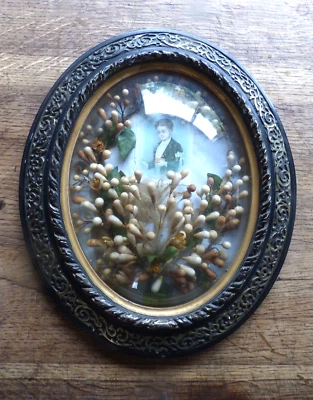 Grand Cadre Ovale avec Verre Bombé XIXeme Napoléon III Noir et Doré 1e communion - Photo 1/4