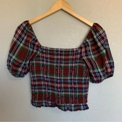 Top corto American Eagle manga abullonada a cuadros talla XS NUEVO CON ETIQUETAS Foto 1 de 4