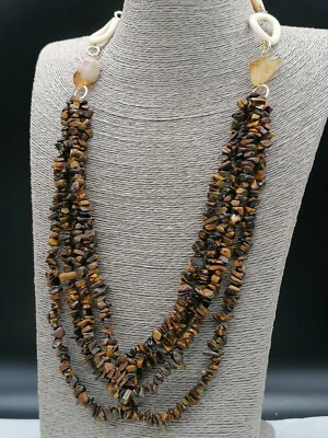 collana lunga da donna occhio di tigre quarzo citrino argento 925 placcato oro - Immagine 1 di 4