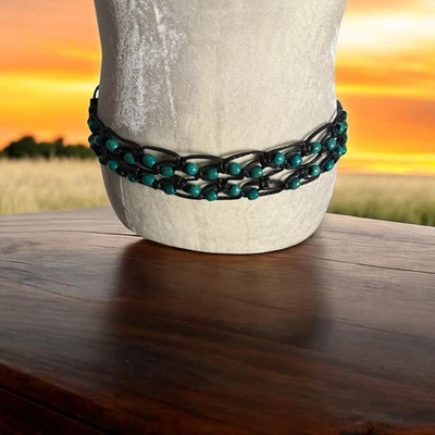 Винтажный ручной работы макраме галстук ремень зеленый деревянные бусины кожи богемное хиппи 31» длина L - Изображение 1 из 4