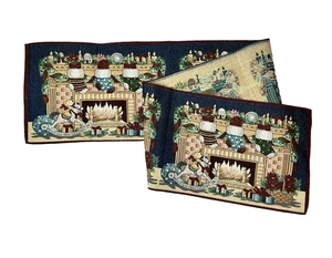 Vintage Tapestry Table Runner Christmas Fireplace Teddy Rocking Horse 12 X 66 JS - Picture 1 of 5