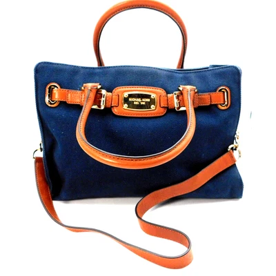 Bolsa tote Michael Kors Hamilton azul marinho de lona e couro grande mão e ombro - Imagem 1 de 4