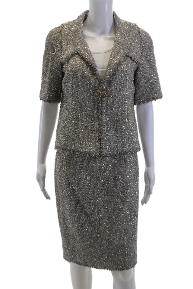 Chanel Mujer Mezcla Algodón Metálico Manga Corta Falda Traje Plateado Talla 40 42 Foto 1 de 4